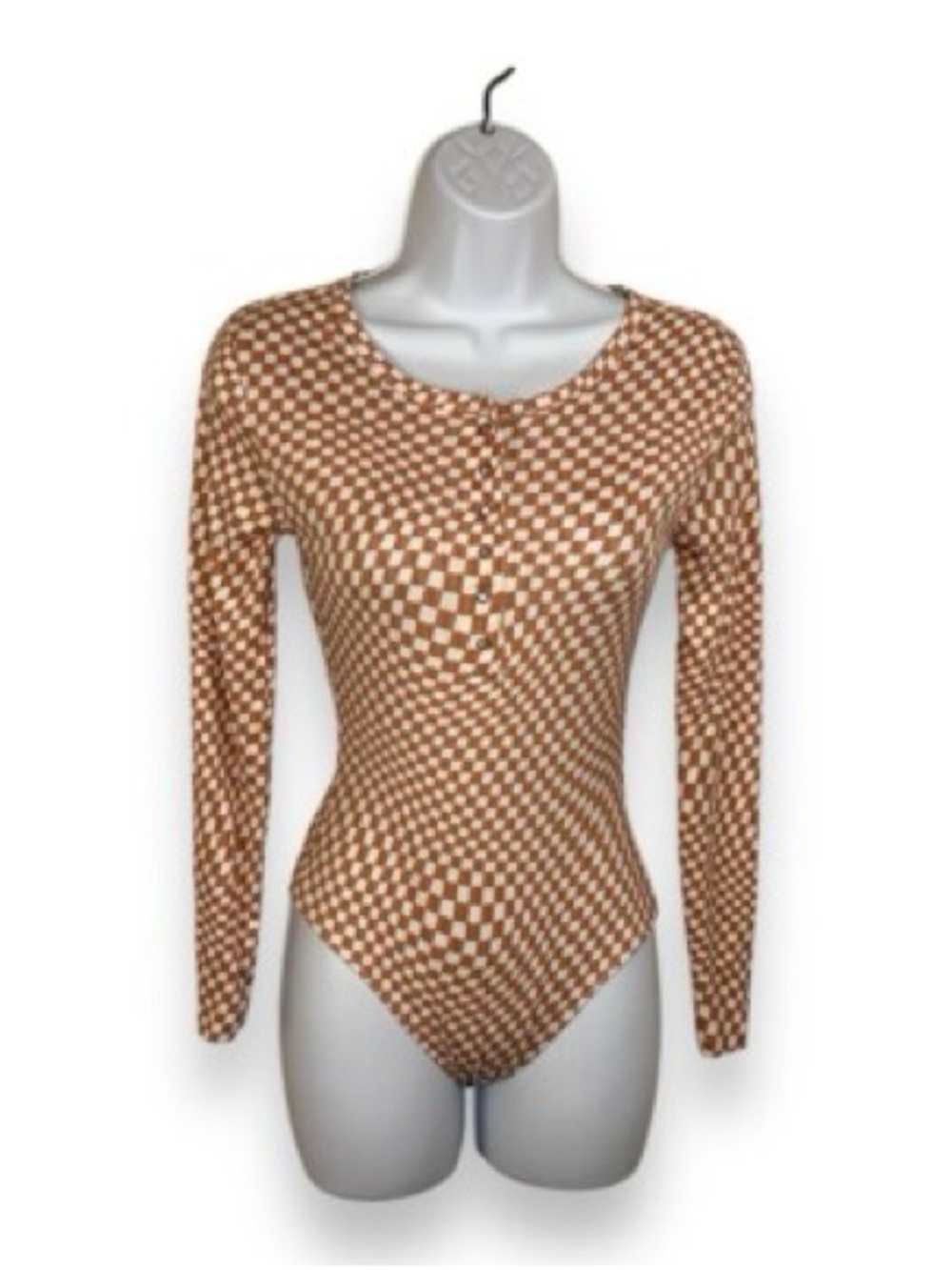 Rue21 Long-Sleeve Checkerboard Bodysuit in Brown and Cream